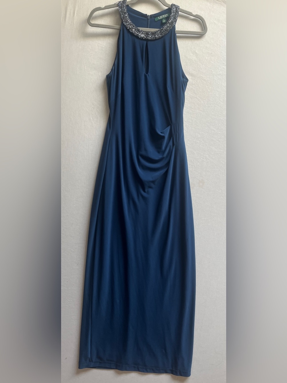 Ralph Lauren Navy Beaded Halter Maxi Gown Dress Sz 6